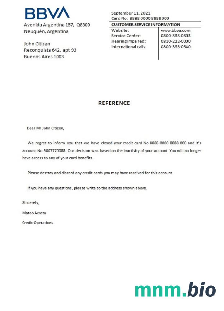 Argentyna BBVA Bank closure przykład odniesienia w formatach Word i PDF